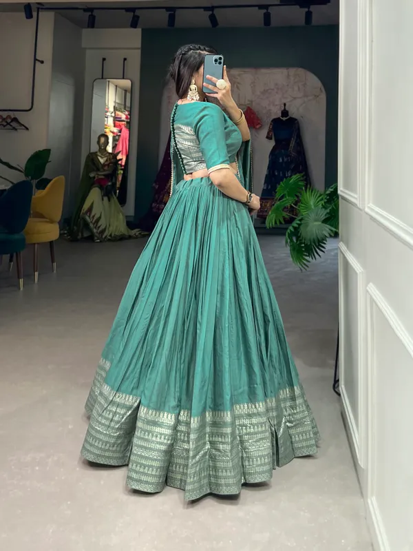 Crafted_for_Grace_and_Beauty:_Pure_Chanderi_Plain_Lehenga_with_Intricate_Zari_Work_Border,_Accompanied_by_Sequin_Embellished_Dupatta_??