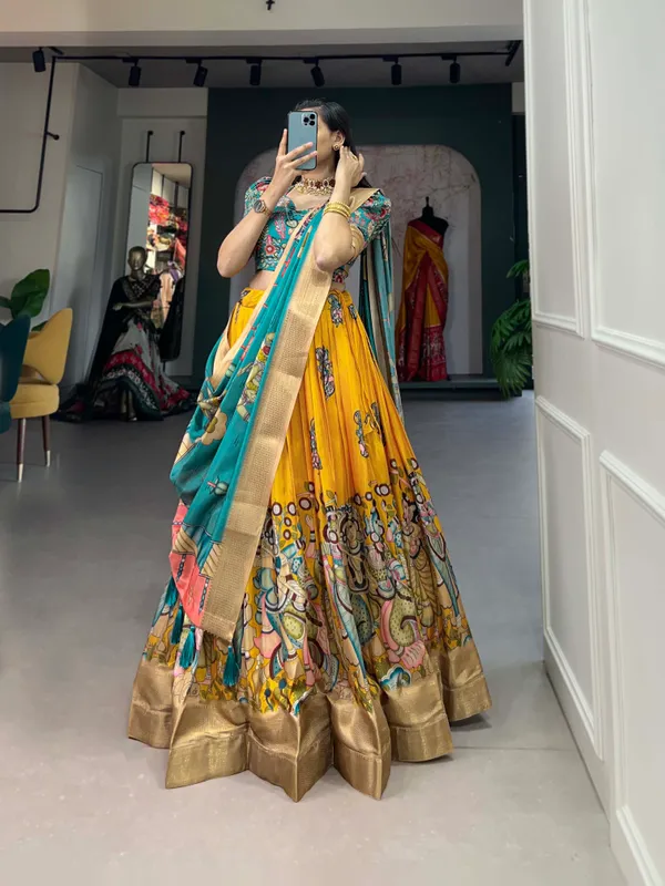 Yellow_Dola_Silk_Kalamkari_Print_lehenga_choli_For_Women