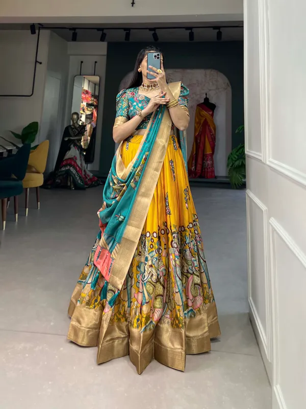 Yellow_Dola_Silk_Kalamkari_Print_lehenga_choli_For_Women