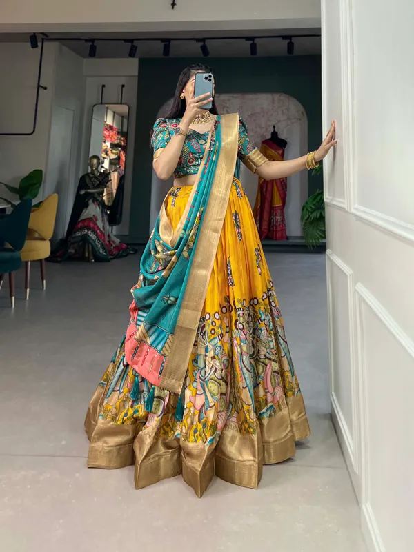 Yellow_Dola_Silk_Kalamkari_Print_lehenga_choli_For_Women