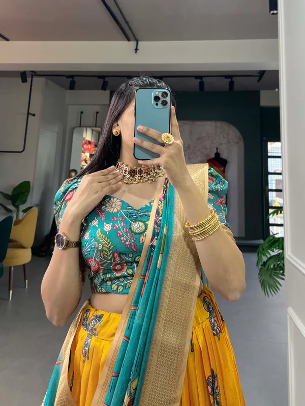 Yellow_Dola_Silk_Kalamkari_Print_lehenga_choli_For_Women