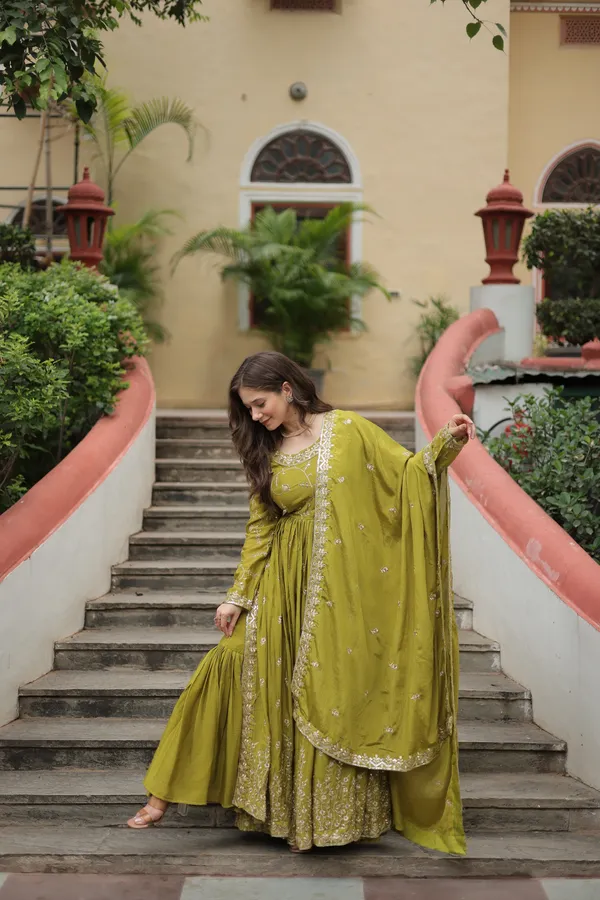 Parrot_Chinon_With_Embroidered_Work_Sharara_Kurti_Push_Premium_For_Women