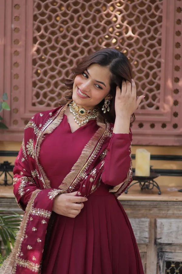 Maroon_Star_Georgette_with_Embroidery_Zari_Sequins-work_Gold_For_Women