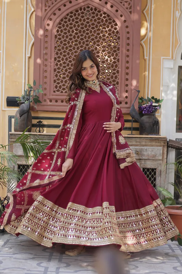Maroon_Star_Georgette_with_Embroidery_Zari_Sequins-work_Gold_For_Women