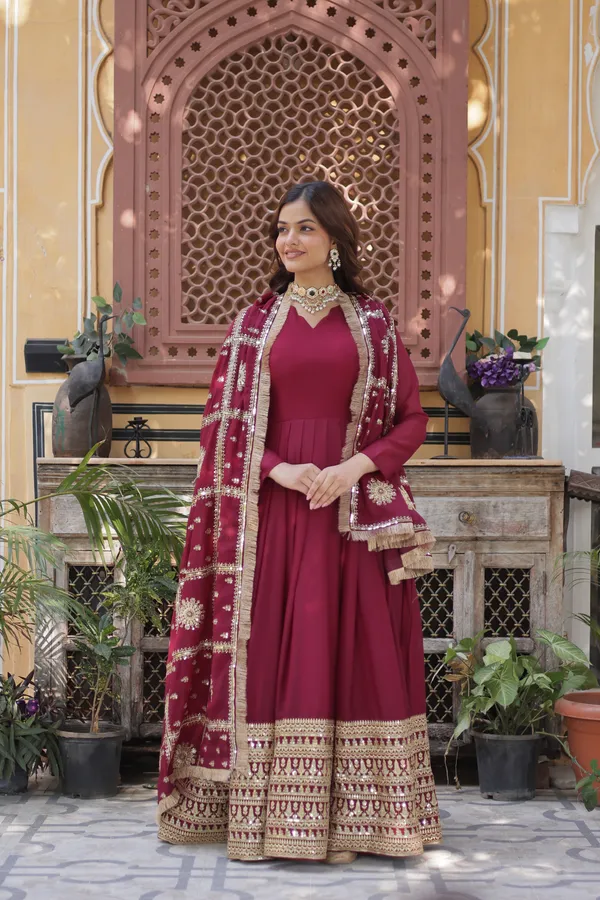 Maroon_Star_Georgette_with_Embroidery_Zari_Sequins-work_Gold_For_Women