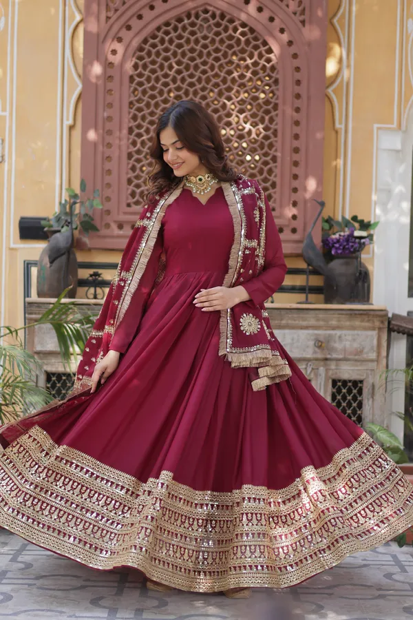 Maroon_Star_Georgette_with_Embroidery_Zari_Sequins-work_Gold_For_Women