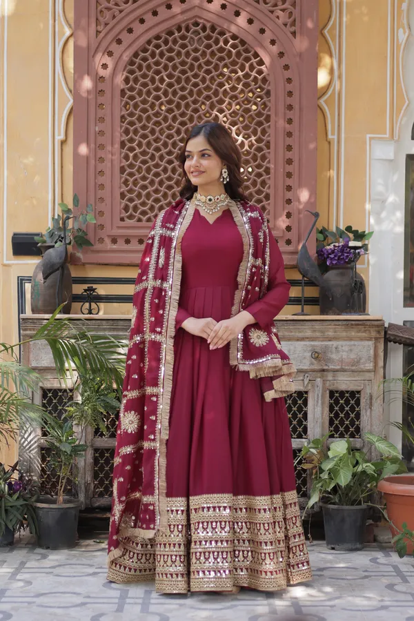 Maroon_Star_Georgette_with_Embroidery_Zari_Sequins-work_Gold_For_Women