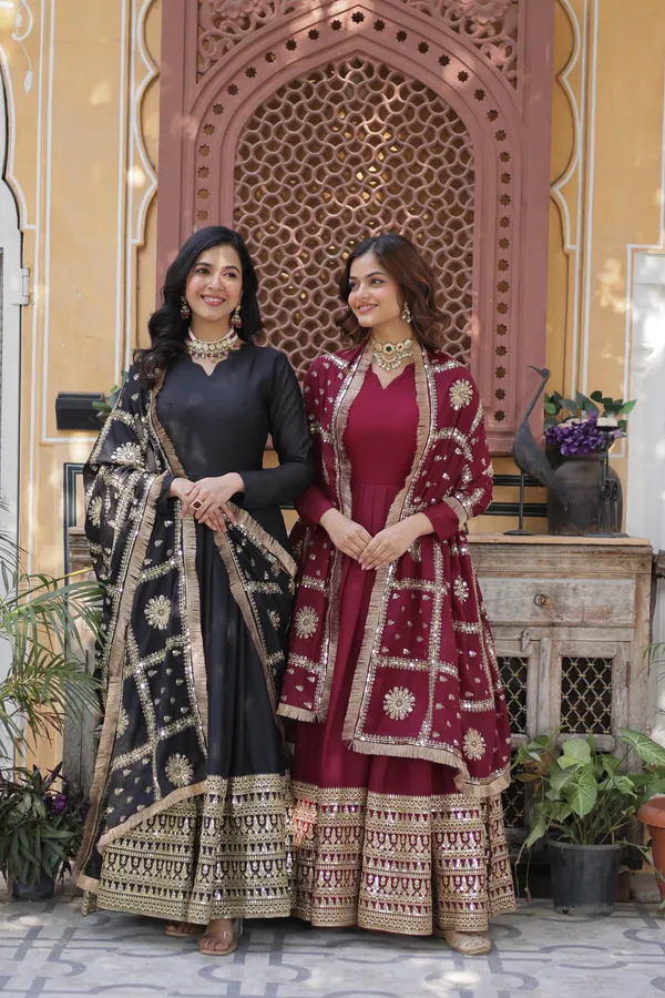 Maroon_Star_Georgette_with_Embroidery_Zari_Sequins-work_Gold_For_Women