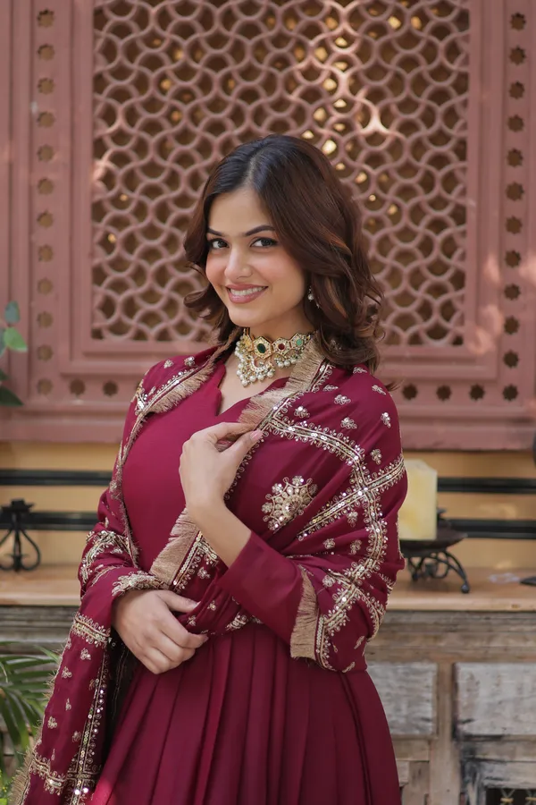 Maroon_Star_Georgette_with_Embroidery_Zari_Sequins-work_Gold_For_Women