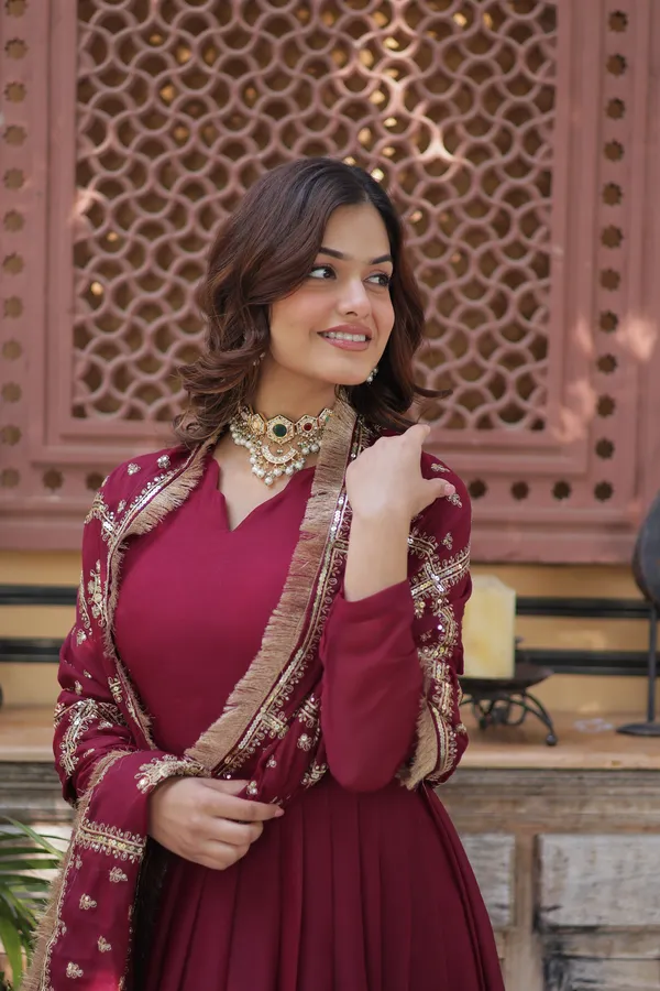 Maroon_Star_Georgette_with_Embroidery_Zari_Sequins-work_Gold_For_Women