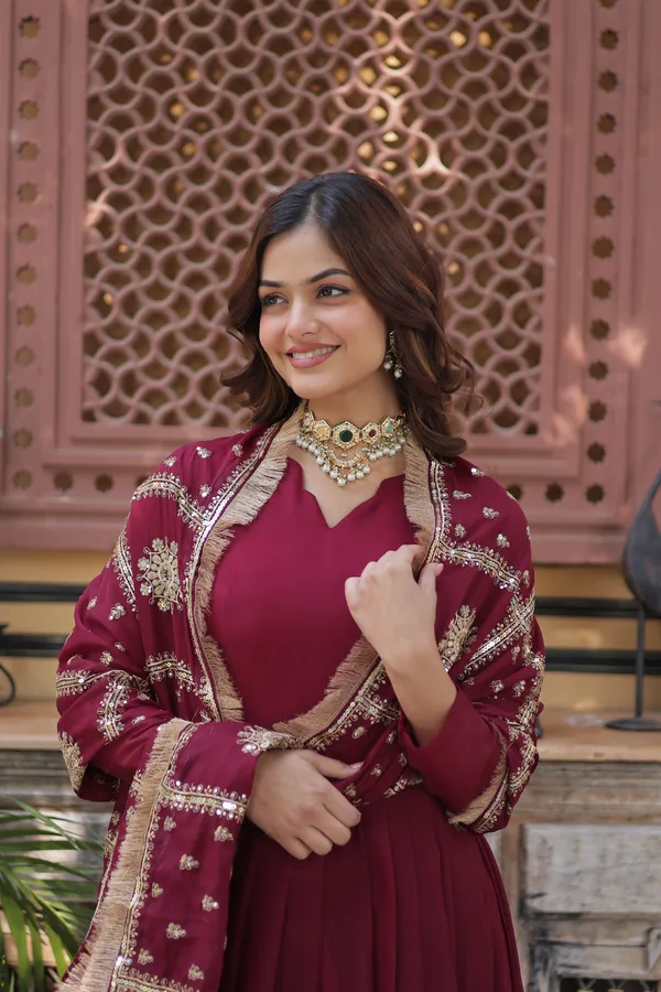 Maroon_Star_Georgette_with_Embroidery_Zari_Sequins-work_Gold_For_Women