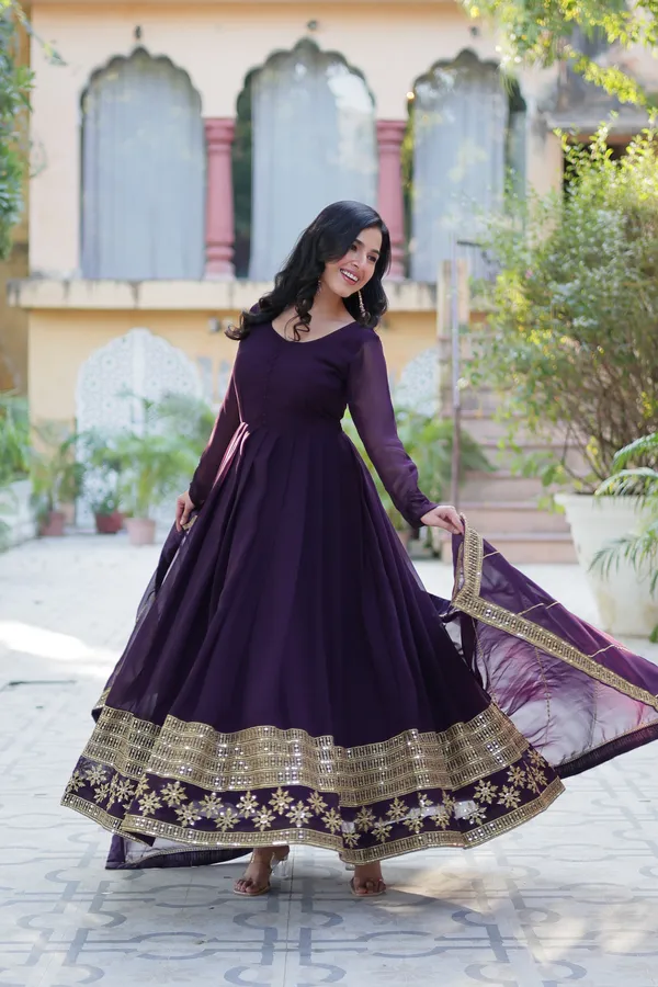 Wine_Embroidery_Faux_Design_Gown_With_Dupatta_Set_Push_Premium_For_Women