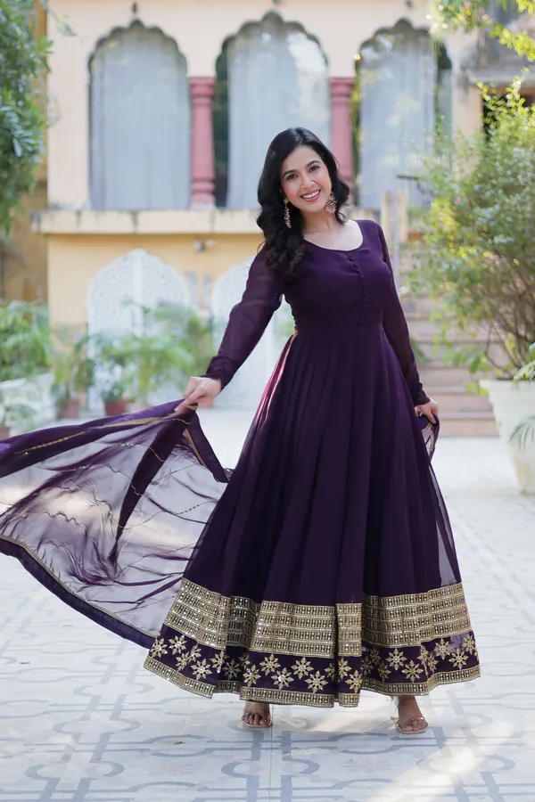 Wine_Embroidery_Faux_Design_Gown_With_Dupatta_Set_Push_Premium_For_Women