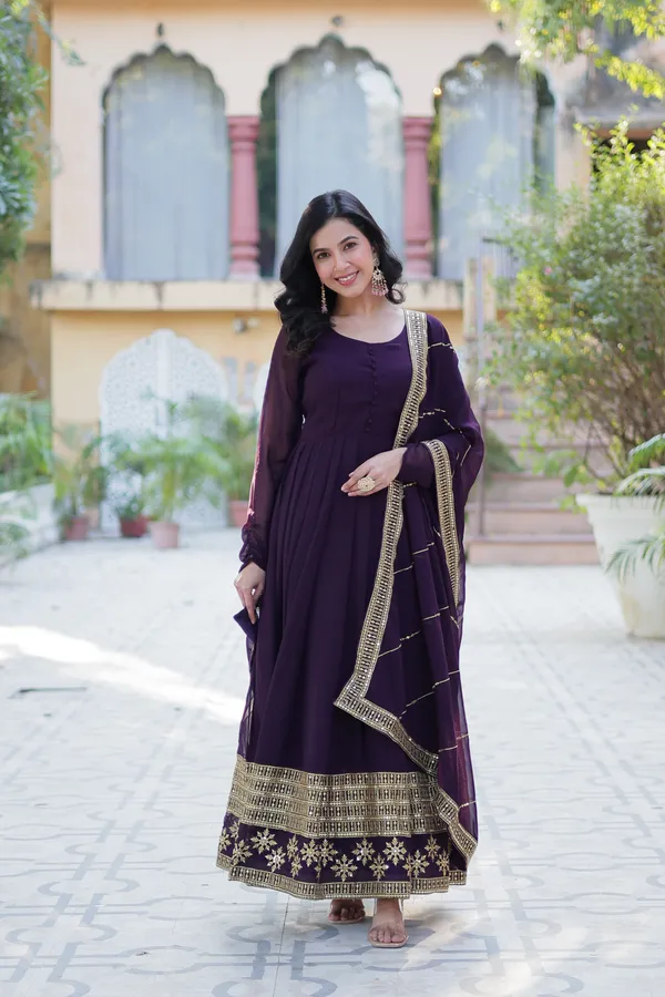 Wine_Embroidery_Faux_Design_Gown_With_Dupatta_Set_Push_Premium_For_Women