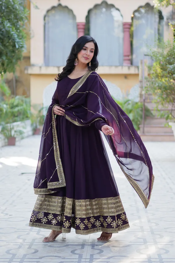 Wine_Embroidery_Faux_Design_Gown_With_Dupatta_Set_Push_Premium_For_Women