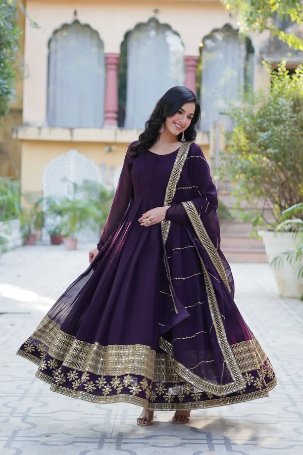 Wine_Embroidery_Faux_Design_Gown_With_Dupatta_Set_Push_Premium_For_Women