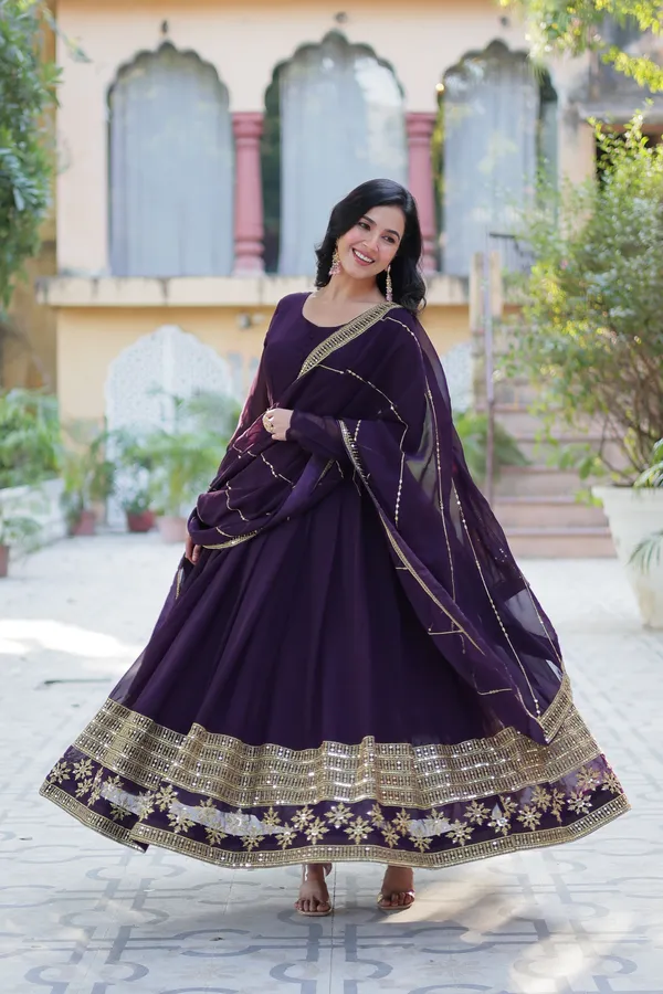 Wine_Embroidery_Faux_Design_Gown_With_Dupatta_Set_Push_Premium_For_Women