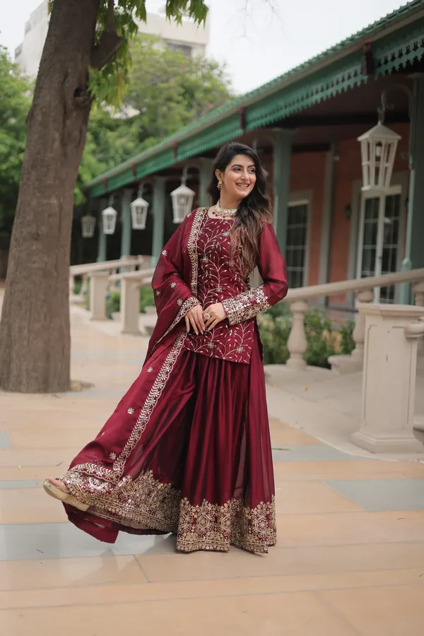 Maroon_Readymade_Kurti_Plazoo_Embroidery_Work_Push_Premium_For_Women