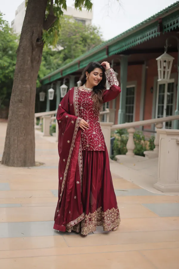 Maroon_Readymade_Kurti_Plazoo_Embroidery_Work_Push_Premium_For_Women