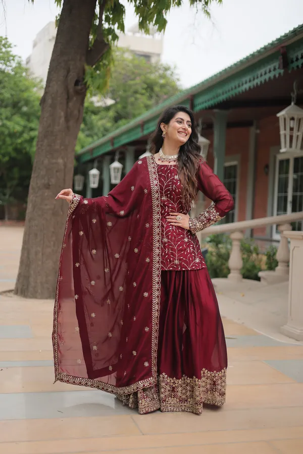 Maroon_Readymade_Kurti_Plazoo_Embroidery_Work_Push_Premium_For_Women