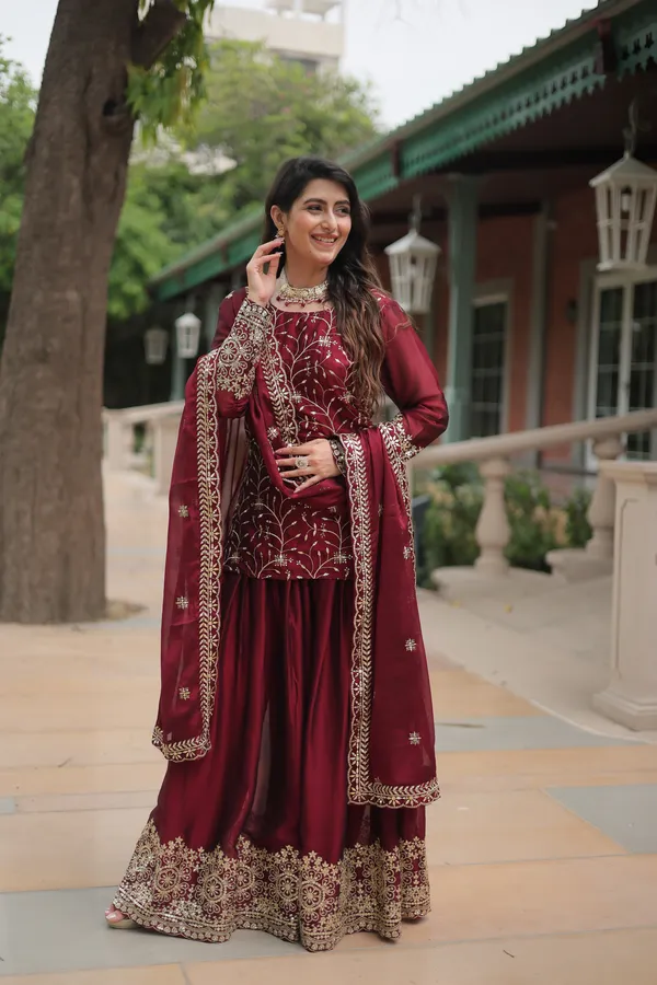 Maroon_Readymade_Kurti_Plazoo_Embroidery_Work_Push_Premium_For_Women