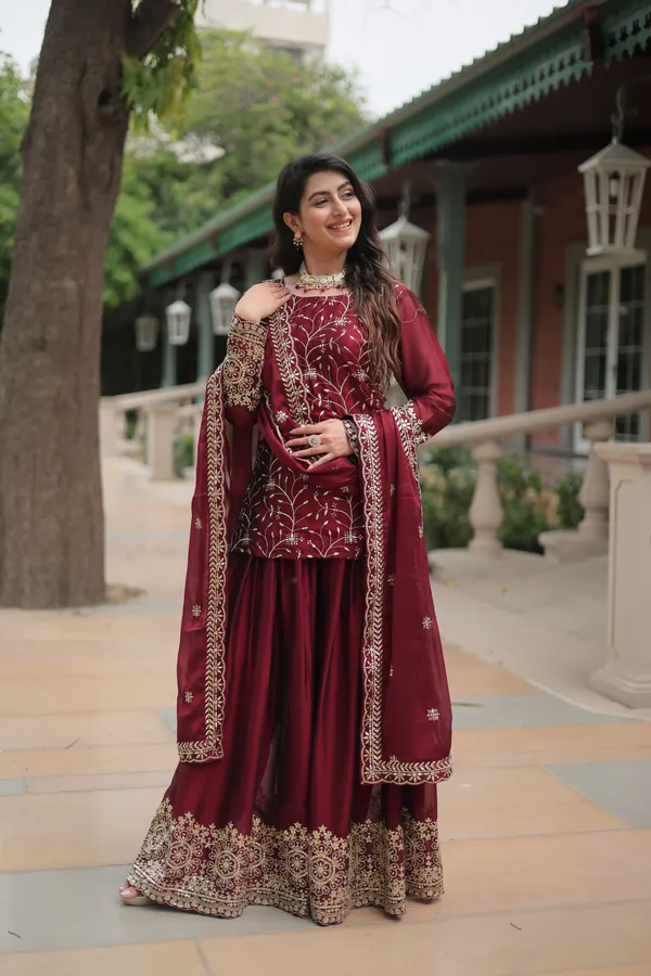 Maroon_Readymade_Kurti_Plazoo_Embroidery_Work_Push_Premium_For_Women