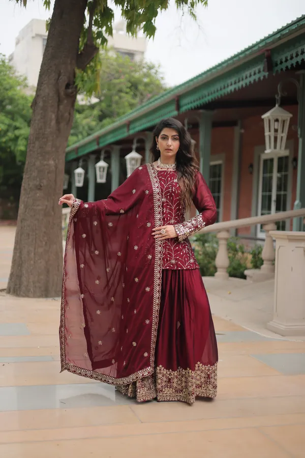 Maroon_Readymade_Kurti_Plazoo_Embroidery_Work_Push_Premium_For_Women
