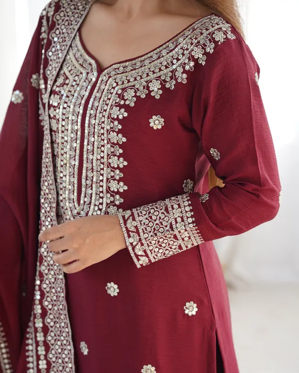 New_Chinnon_Silk_With_Heavy_Embroidery_Sequence_Work_Top-Palazzo_And_Dupatta
