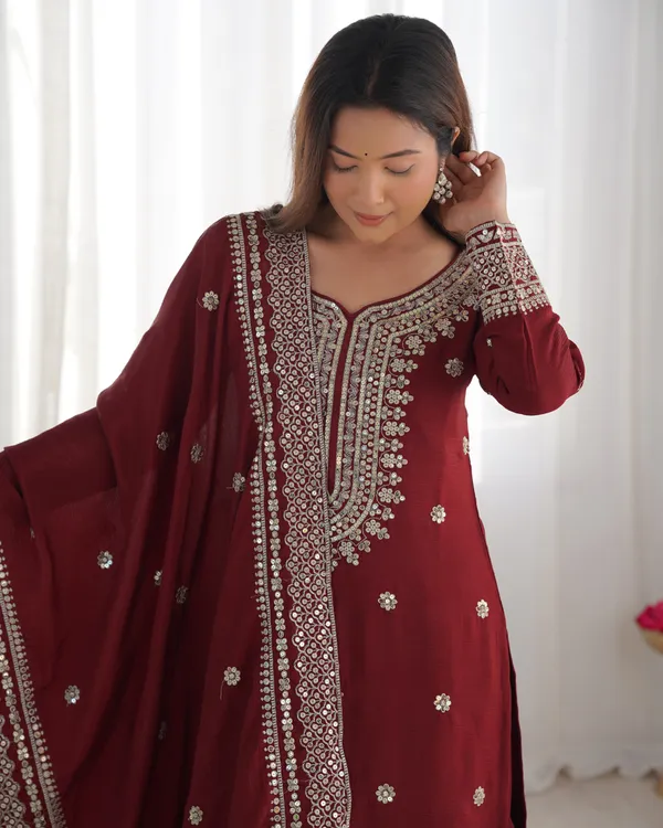 New_Chinnon_Silk_With_Heavy_Embroidery_Sequence_Work_Top-Palazzo_And_Dupatta