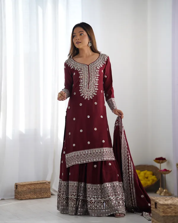 New_Chinnon_Silk_With_Heavy_Embroidery_Sequence_Work_Top-Palazzo_And_Dupatta