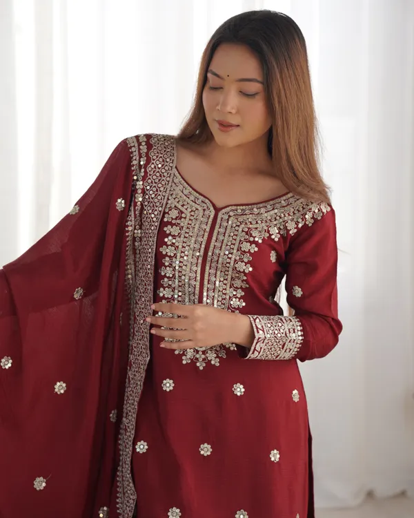 New_Chinnon_Silk_With_Heavy_Embroidery_Sequence_Work_Top-Palazzo_And_Dupatta
