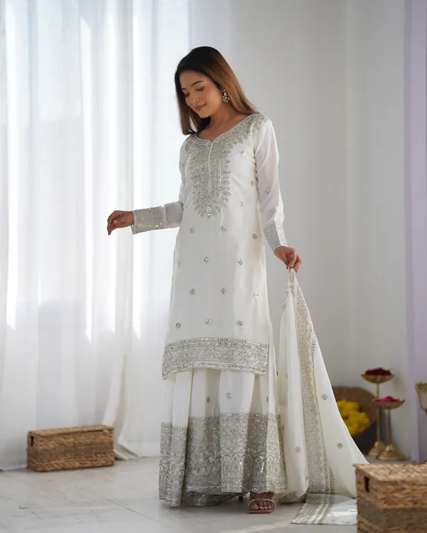 New_Chinnon_Silk_With_Heavy_Embroidery_Sequence_Work_Top-Palazzo_And_Dupatta