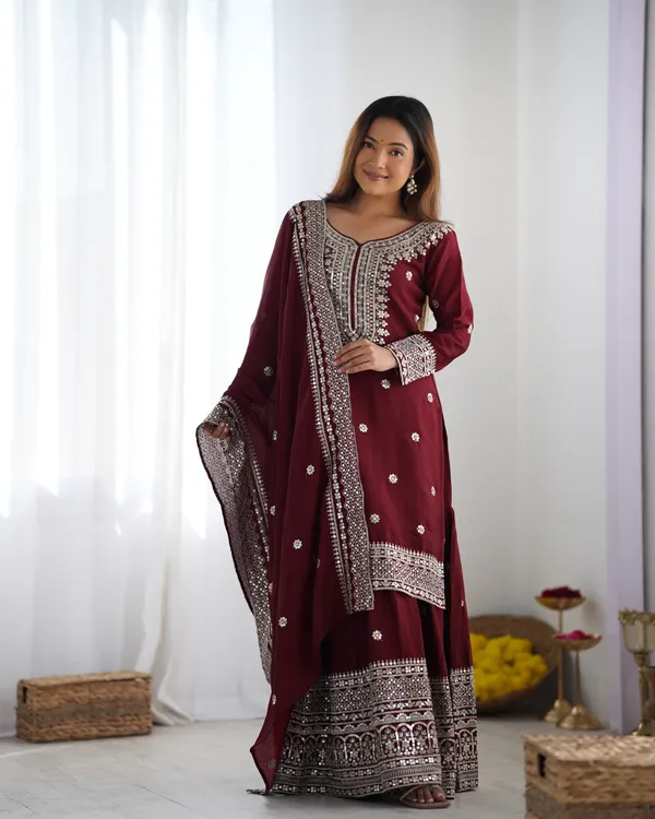 New_Chinnon_Silk_With_Heavy_Embroidery_Sequence_Work_Top-Palazzo_And_Dupatta