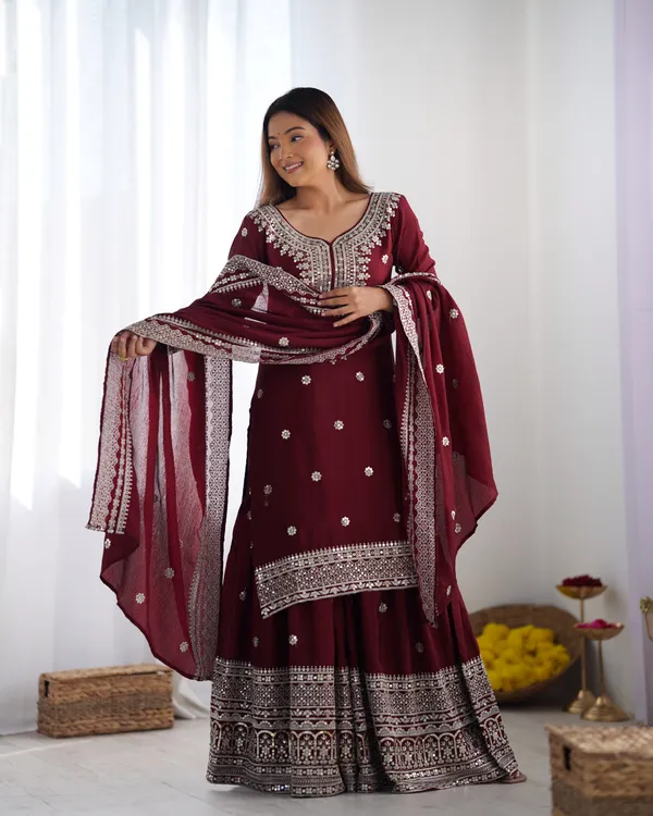 New_Chinnon_Silk_With_Heavy_Embroidery_Sequence_Work_Top-Palazzo_And_Dupatta