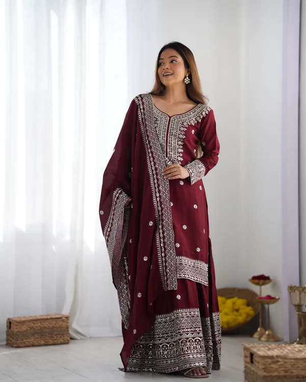 New_Chinnon_Silk_With_Heavy_Embroidery_Sequence_Work_Top-Palazzo_And_Dupatta