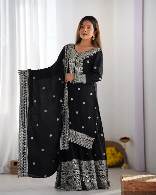 New_Chinnon_Silk_With_Heavy_Embroidery_Sequence_Work_Top-Palazzo_And_Dupatta