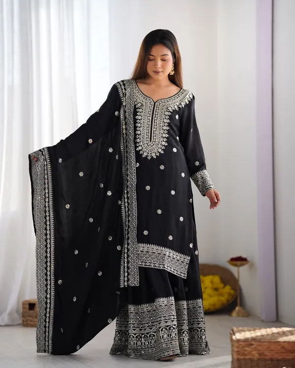 New_Chinnon_Silk_With_Heavy_Embroidery_Sequence_Work_Top-Palazzo_And_Dupatta