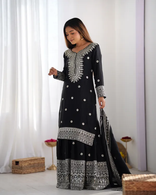 New_Chinnon_Silk_With_Heavy_Embroidery_Sequence_Work_Top-Palazzo_And_Dupatta