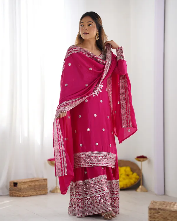 New_Chinnon_Silk_With_Heavy_Embroidery_Sequence_Work_Top_Plazo_And_Dupatta_Set_Push_Premium_For_Women