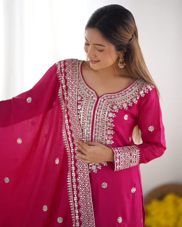 New_Chinnon_Silk_With_Heavy_Embroidery_Sequence_Work_Top_Plazo_And_Dupatta_Set_Push_Premium_For_Women