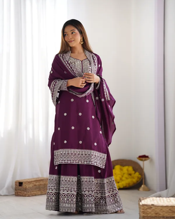 New_Chinnon_Silk_With_Heavy_Embroidery_Sequence_Work_Top_Plazo_And_Dupatta_Set_Push_Premium_For_Women