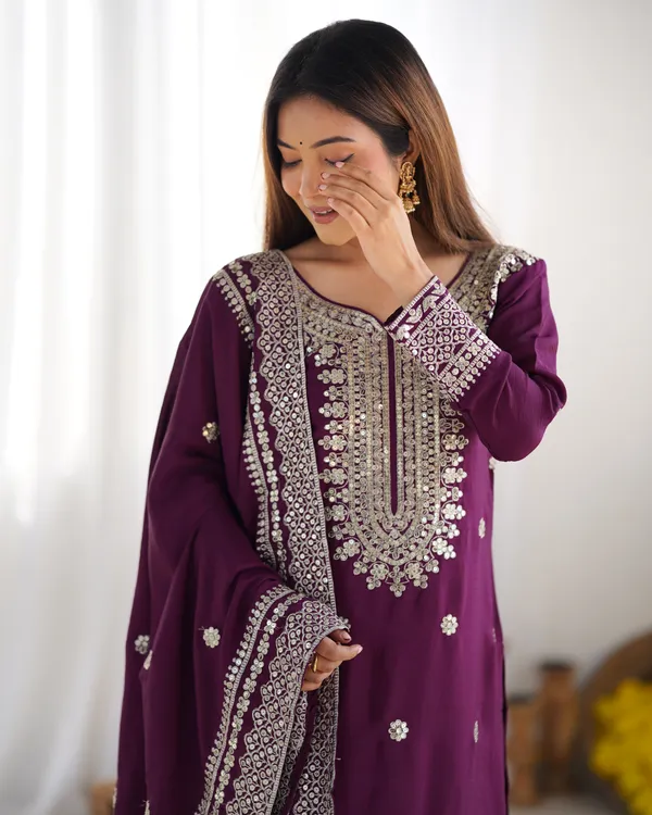 New_Chinnon_Silk_With_Heavy_Embroidery_Sequence_Work_Top_Plazo_And_Dupatta_Set_Push_Premium_For_Women