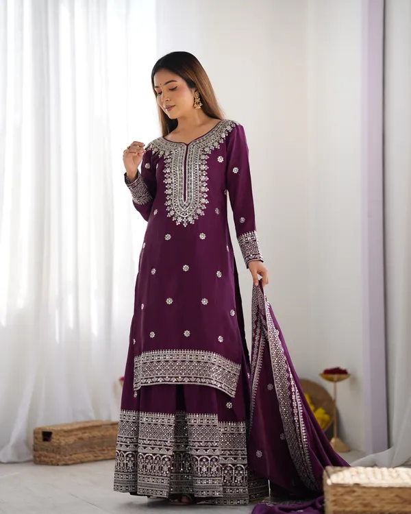 New_Chinnon_Silk_With_Heavy_Embroidery_Sequence_Work_Top_Plazo_And_Dupatta_Set_Push_Premium_For_Women