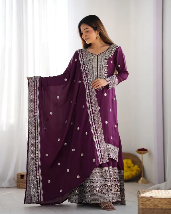 New_Chinnon_Silk_With_Heavy_Embroidery_Sequence_Work_Top_Plazo_And_Dupatta_Set_Push_Premium_For_Women