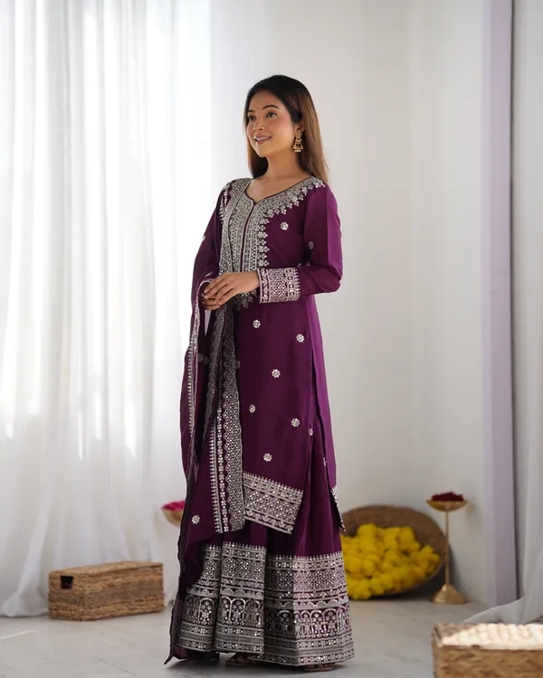 New_Chinnon_Silk_With_Heavy_Embroidery_Sequence_Work_Top_Plazo_And_Dupatta_Set_Push_Premium_For_Women