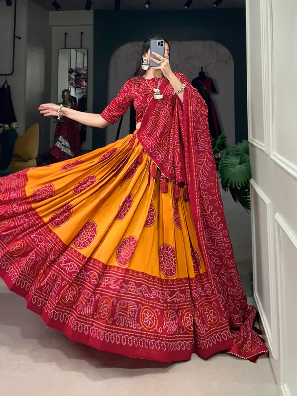 Musted_Artistry_in_Silk:_Tussar_Lehenga_Choli_with_Bandhej_Print_For_Women
