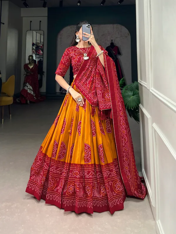 Musted_Artistry_in_Silk:_Tussar_Lehenga_Choli_with_Bandhej_Print_For_Women