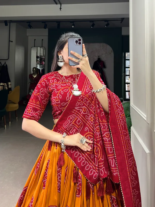 Musted_Artistry_in_Silk:_Tussar_Lehenga_Choli_with_Bandhej_Print_For_Women