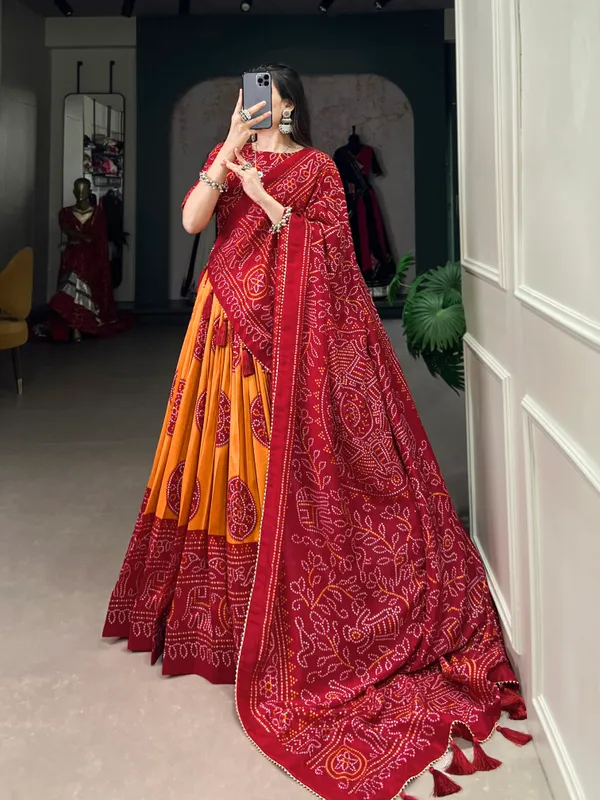 Musted_Artistry_in_Silk:_Tussar_Lehenga_Choli_with_Bandhej_Print_For_Women