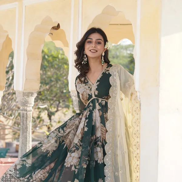 White_And_Green_Premium_Readymade_Alia_Cut_Gown_With_Dupatta_Set_For_Women
